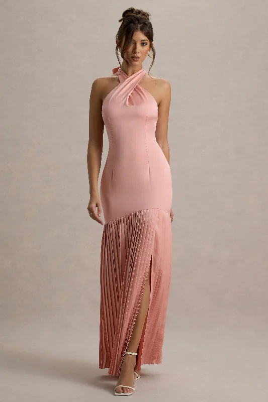 High - low hem wedding dresses for a trendy twist Lace - trimmed wedding guest dresses in blush pink Sansa | Light Pink Satin Cross Halter-Neck Plisse Maxi Dress High - low hem wedding dresses for a trendy twist Lace - trimmed wedding guest dresses in blush pink Sansa | Light Pink Satin Cross Halter-Neck Plisse Maxi Dress
