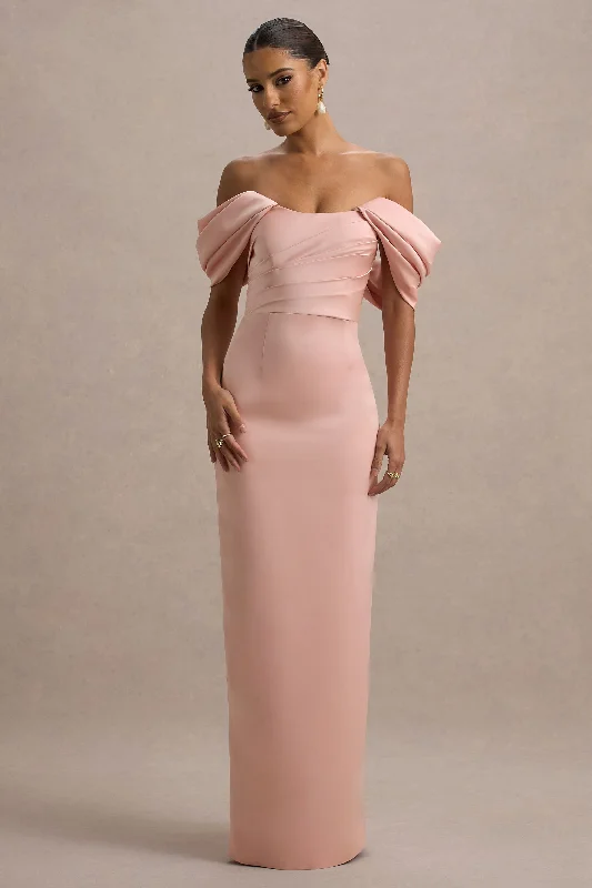 Sheer - panel wedding dresses with a touch of elegance Ribbed - texture wedding guest dresses in neutral colors Annita | Light Pink Satin Bardot Maxi Dress Sheer - panel wedding dresses with a touch of elegance Ribbed - texture wedding guest dresses in neutral colors Annita | Light Pink Satin Bardot Maxi Dress
