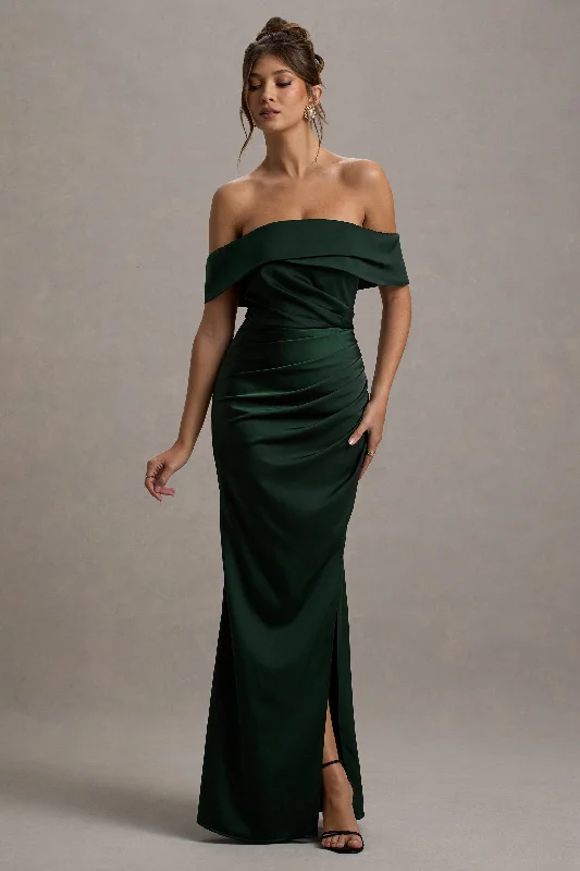 A - line chiffon wedding dresses for a classic look Sheath - style wedding guest dresses with lace overlays Martine | Bottle Green Satin Bardot Wrap Maxi Dress A - line chiffon wedding dresses for a classic look Sheath - style wedding guest dresses with lace overlays Martine | Bottle Green Satin Bardot Wrap Maxi Dress
