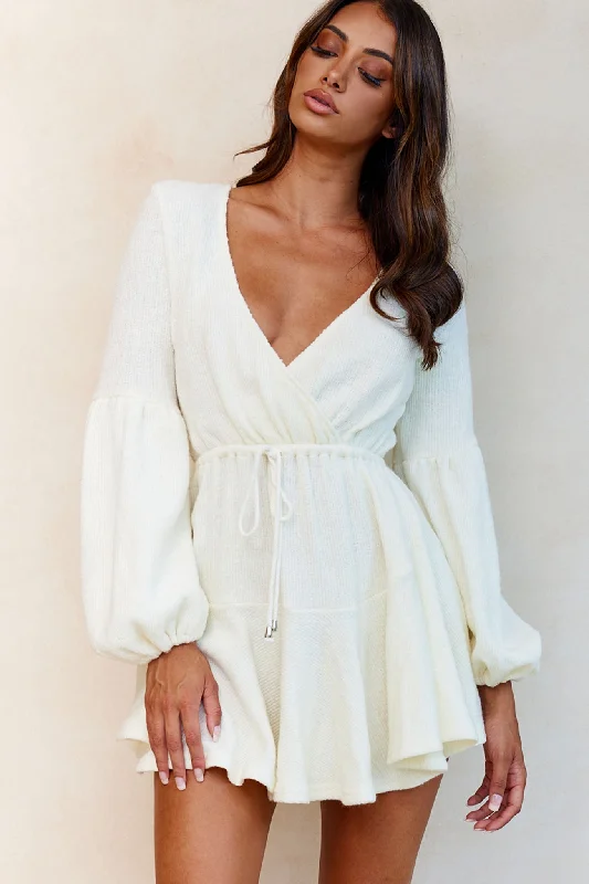 Mini dresses with patchwork designs for a unique style Annalise Long Sleeve Drawstring Knit Dress White