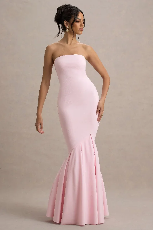 Lace - covered wedding dresses with a scalloped hem​ Wedding guest dresses with fringe accents for a bohemian - inspired wedding Angela | Pink Bandeau Fishtail Maxi Dress