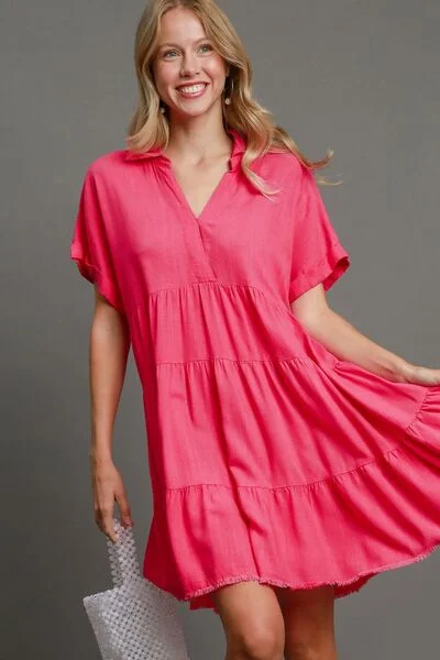Mini dresses with polka dot patterns Hot Pink Tiered Dress