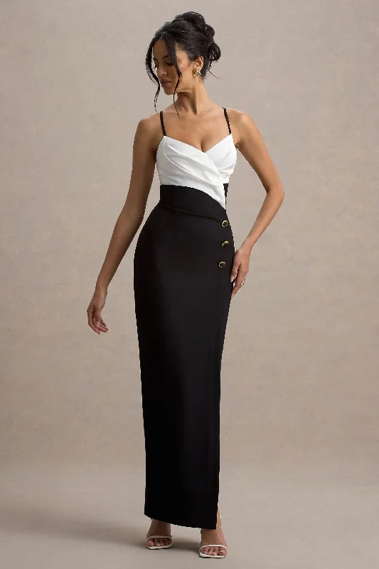 V - neck organza wedding dresses for a romantic touch One - shoulder wedding guest dresses with beaded details Rosalind | Black & White Strappy Tailored Maxi Dress With Split V - neck organza wedding dresses for a romantic touch One - shoulder wedding guest dresses with beaded details Rosalind | Black & White Strappy Tailored Maxi Dress With Split