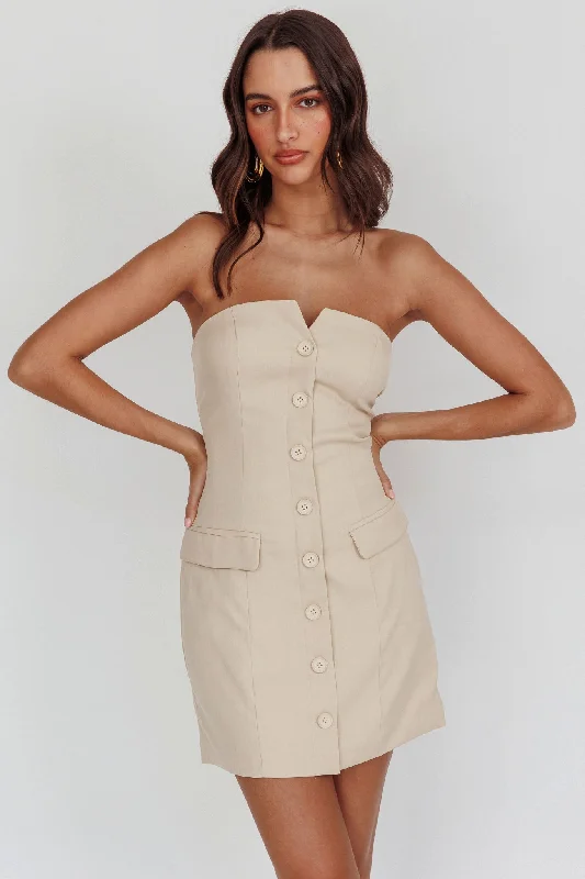 Mini dresses with tiered skirts for added volume Titania Strapless Buttoned Mini Dress Light Taupe