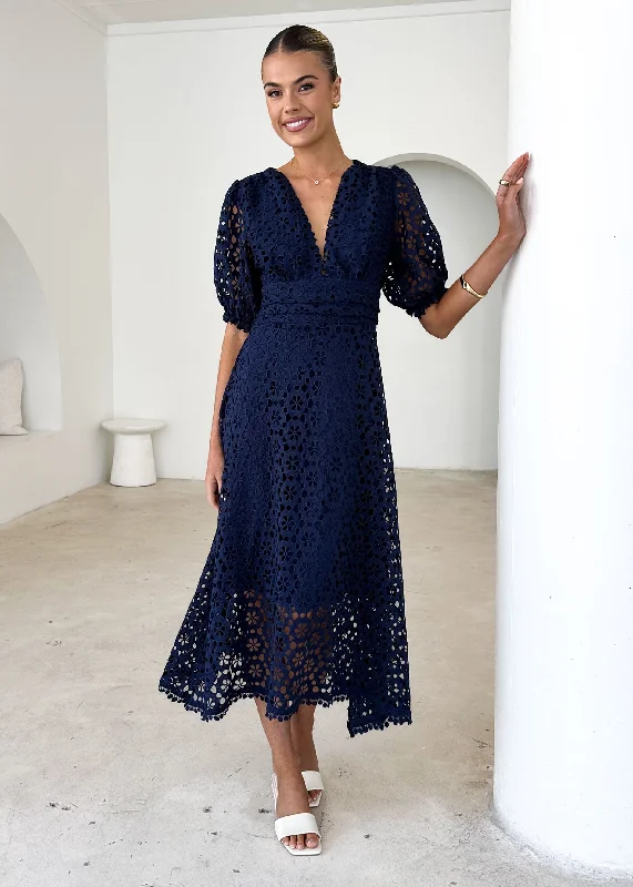 Midi dresses with pom - pom trims for a playful and festive look Jahra Lace Midi Dress - Navy Midi dresses with pom - pom trims for a playful and festive look Jahra Lace Midi Dress - Navy