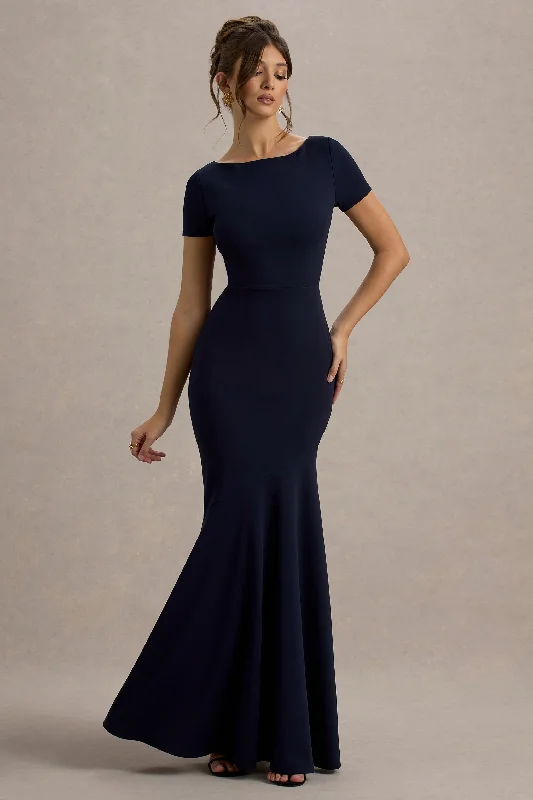 Empire waist wedding dresses with beaded bodices Wrap - style wedding guest dresses with bow accents Rian | Navy Short-Sleeve Maxi Dress Empire waist wedding dresses with beaded bodices Wrap - style wedding guest dresses with bow accents Rian | Navy Short-Sleeve Maxi Dress