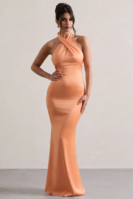 Boho - inspired wedding dresses with floral embroidery Wedding guest dresses with empire waists and tulle skirts Unbeatable | Peach Satin Cross Over Halter-Neck Maxi Dress Boho - inspired wedding dresses with floral embroidery Wedding guest dresses with empire waists and tulle skirts Unbeatable | Peach Satin Cross Over Halter-Neck Maxi Dress