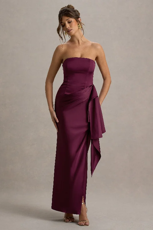 Tea - length wedding dresses with a vintage charm Wedding guest dresses with high - low hems and floral appliques Loz | Burgundy Satin Bandeau Draped Maxi Dress Tea - length wedding dresses with a vintage charm Wedding guest dresses with high - low hems and floral appliques Loz | Burgundy Satin Bandeau Draped Maxi Dress
