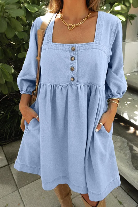 Midi dresses with halter necks for a stylish and comfortable option Denim Buttoned Square Neck Mini Dress Midi dresses with halter necks for a stylish and comfortable option Denim Buttoned Square Neck Mini Dress