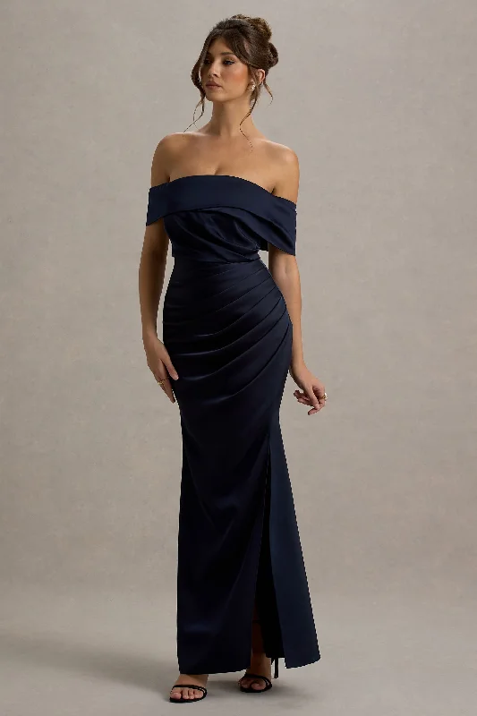 Plus - size wedding dresses with a flattering fit Wedding guest dresses with keyhole backs and flowing fabrics Martine | Navy Satin Bardot Wrap Maxi Dress Plus - size wedding dresses with a flattering fit Wedding guest dresses with keyhole backs and flowing fabrics Martine | Navy Satin Bardot Wrap Maxi Dress