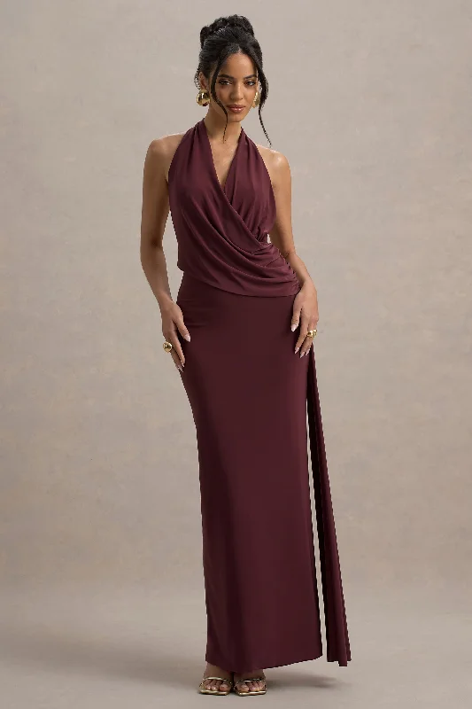 Sleeveless wedding dresses with a beaded belt Wedding guest dresses with ruched bodices and spaghetti straps Rosina | Burgundy Halter-Neck Draped Maxi Dress With Sash Sleeveless wedding dresses with a beaded belt Wedding guest dresses with ruched bodices and spaghetti straps Rosina | Burgundy Halter-Neck Draped Maxi Dress With Sash