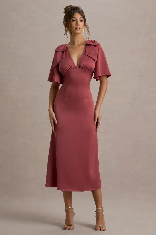 Sheath satin wedding dresses for a sleek appearance Midi wedding guest dresses in navy blue for a formal affair Danna | Rose Pink Satin V-Neck Short-Sleeve Midi Dress Sheath satin wedding dresses for a sleek appearance Midi wedding guest dresses in navy blue for a formal affair Danna | Rose Pink Satin V-Neck Short-Sleeve Midi Dress