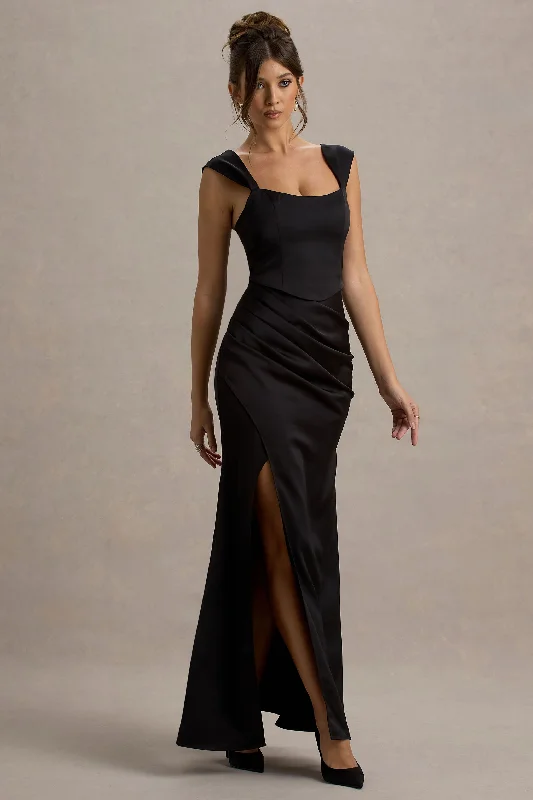 Wedding dresses with a detachable skirt for versatility Mini wedding guest dresses with glittery accents for a trendy look Admire | Black Satin Corset Wrap Maxi Dress Wedding dresses with a detachable skirt for versatility Mini wedding guest dresses with glittery accents for a trendy look Admire | Black Satin Corset Wrap Maxi Dress