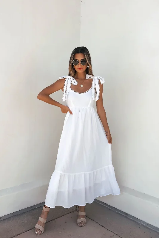 Illusion - neck wedding dresses with delicate lace​ Ruffled - sleeve wedding guest dresses in light blue for a spring wedding White Bow Tie Strap Tiered Maxi Dress