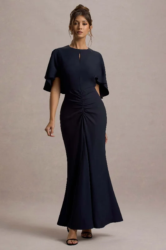 Sequined wedding dresses for a glamorous look Wedding guest dresses with button - down fronts and A - line silhouettes Allison | Navy High-Neck Maxi Dress With Cape Sequined wedding dresses for a glamorous look Wedding guest dresses with button - down fronts and A - line silhouettes Allison | Navy High-Neck Maxi Dress With Cape
