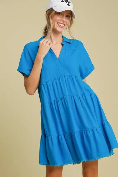Polyester mini dresses for easy care Blue Tiered Dress