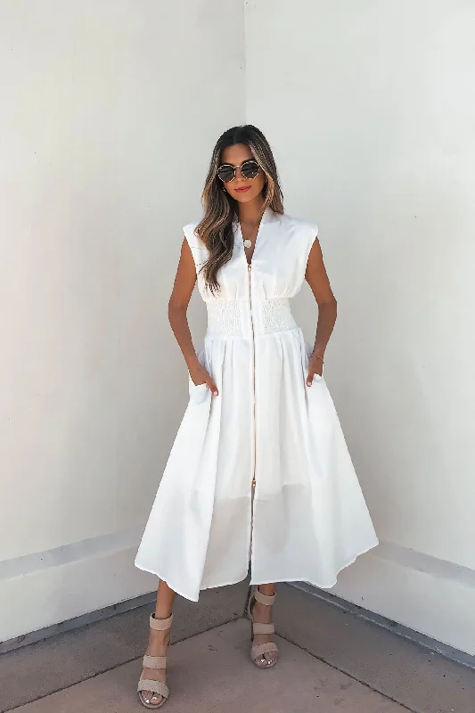 Halter - neck wedding dresses with a unique neckline Bow - backed wedding guest dresses in silk for a luxurious feel Solid Zip Up Front Midi Dress - White Halter - neck wedding dresses with a unique neckline Bow - backed wedding guest dresses in silk for a luxurious feel Solid Zip Up Front Midi Dress - White