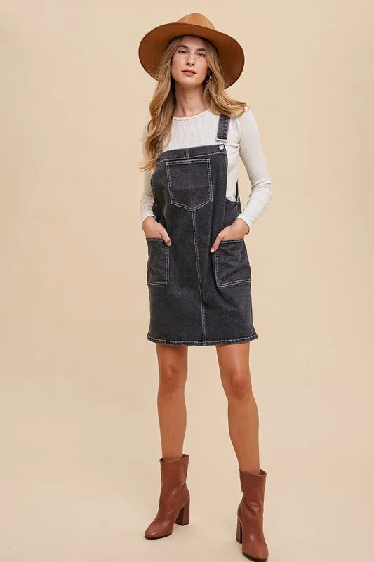 Mini dresses with patchwork designs for a unique style Black Denim Overall Dress