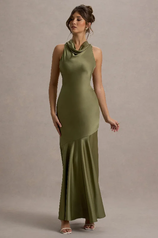 Wedding dresses with a corseted bodice for a cinched waist Satin wedding guest dresses with side slits for a sexy touch Amelita | Khaki Satin Cowl-Neck Maxi Dress Wedding dresses with a corseted bodice for a cinched waist Satin wedding guest dresses with side slits for a sexy touch Amelita | Khaki Satin Cowl-Neck Maxi Dress