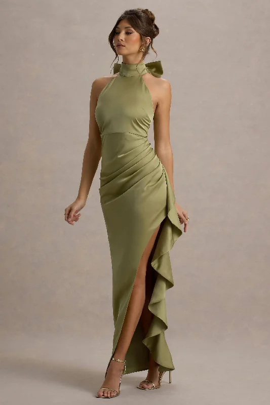Backless wedding dresses with lace - up details Wedding guest dresses with tiered skirts for a feminine look Maureen | Light Green Satin High-Neck Draped Maxi Dress Backless wedding dresses with lace - up details Wedding guest dresses with tiered skirts for a feminine look Maureen | Light Green Satin High-Neck Draped Maxi Dress