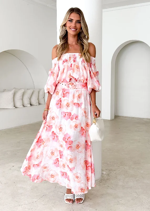 Midi dresses with one - shoulder designs for a modern and asymmetric style Talu Off Shoulder Midi Dress - Peach Flowers Midi dresses with one - shoulder designs for a modern and asymmetric style Talu Off Shoulder Midi Dress - Peach Flowers