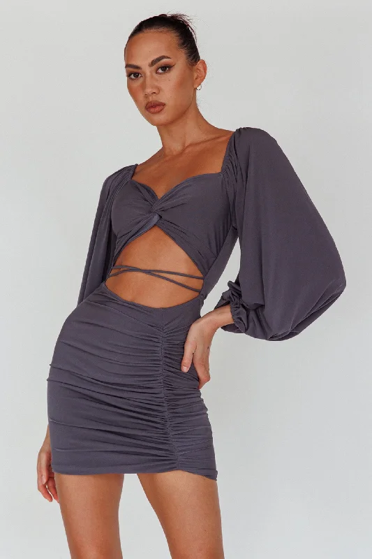 Mini dresses with gathered skirts for a voluminous effect In Luck Cut-Out Waist Ruched Mini Dress Charcoal Mini dresses with gathered skirts for a voluminous effect In Luck Cut-Out Waist Ruched Mini Dress Charcoal