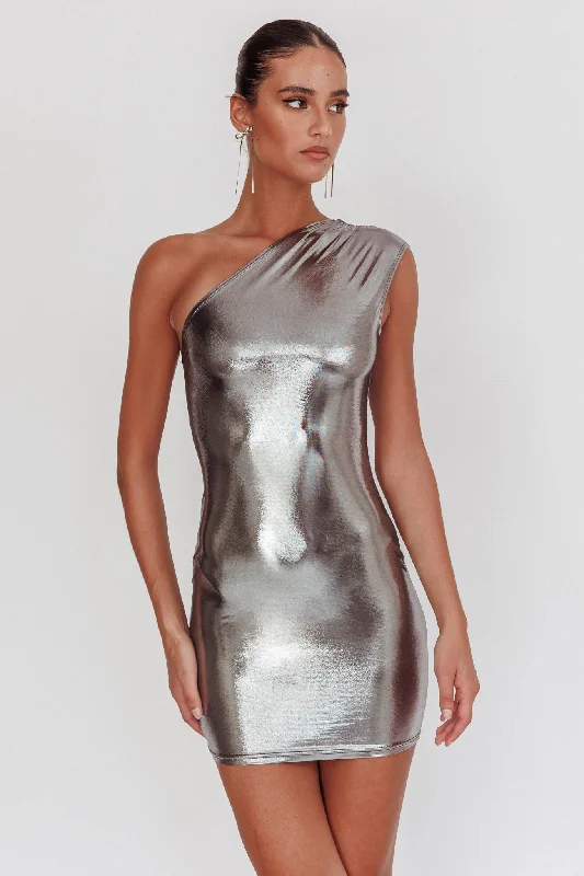 Floral print mini dresses for summer parties Glitter One-Shoulder Mini Dress Silver