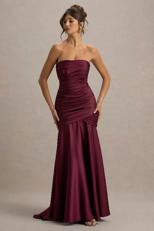 Empire - line wedding dresses with a ruffled skirt​ Wedding guest dresses with pom - pom trims for a playful look Cassidy | Burgundy Satin Bandeau Gathered Maxi Dress