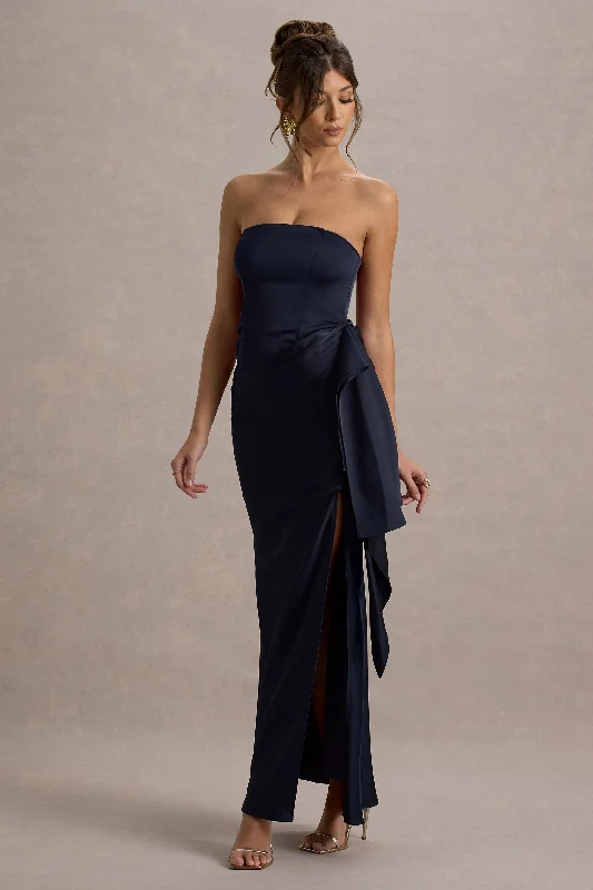Silk wedding dresses with a smooth and luxurious feel Wedding guest dresses with cut - out details and midi lengths Loz | Navy Satin Bandeau Draped Maxi Dress Silk wedding dresses with a smooth and luxurious feel Wedding guest dresses with cut - out details and midi lengths Loz | Navy Satin Bandeau Draped Maxi Dress