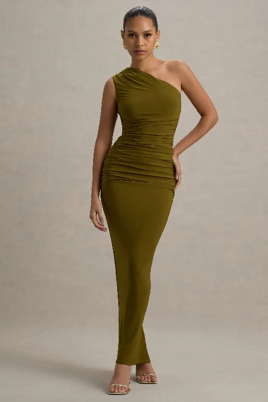 Wedding dresses with a corseted bodice for a cinched waist Satin wedding guest dresses with side slits for a sexy touch Dalarie | Green One-Shoulder Gathered Maxi Dress Wedding dresses with a corseted bodice for a cinched waist Satin wedding guest dresses with side slits for a sexy touch Dalarie | Green One-Shoulder Gathered Maxi Dress