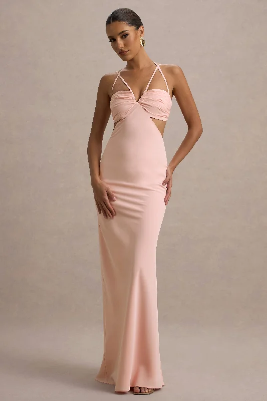 Embroidered wedding dresses with metallic threads​ Halter - neck wedding guest dresses with beaded straps Leandra | Pink Strappy Cut-Out Maxi Dress