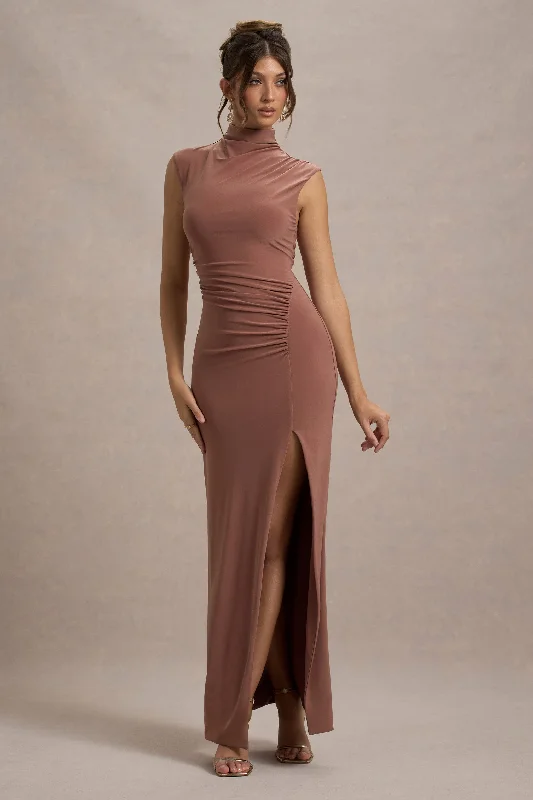 V - neck organza wedding dresses for a romantic touch One - shoulder wedding guest dresses with beaded details Lanetta | Chestnut Brown Ruched High-Neck Maxi Dress With Split V - neck organza wedding dresses for a romantic touch One - shoulder wedding guest dresses with beaded details Lanetta | Chestnut Brown Ruched High-Neck Maxi Dress With Split