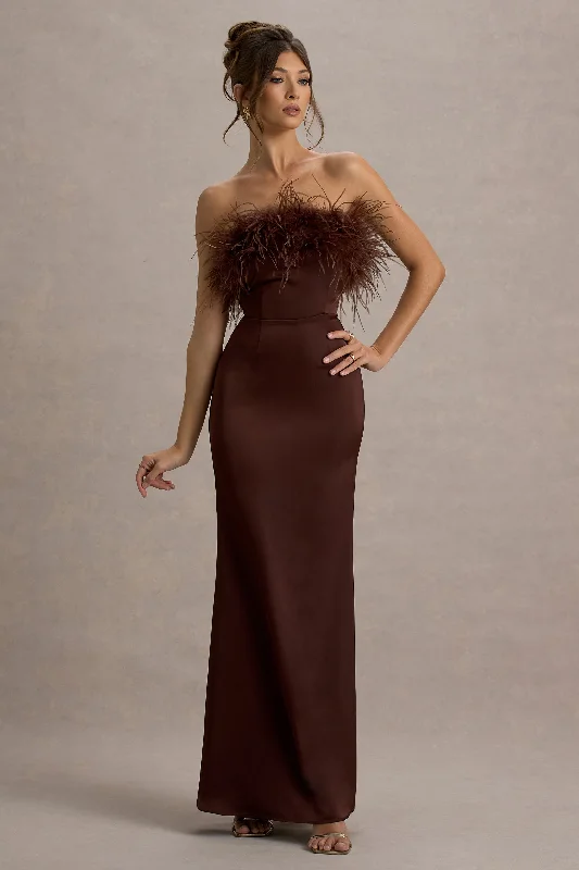Illusion - neck wedding dresses with delicate lace Ruffled - sleeve wedding guest dresses in light blue for a spring wedding Dress For It | Brown Satin Feather Trim Bandeau Maxi Dress Illusion - neck wedding dresses with delicate lace Ruffled - sleeve wedding guest dresses in light blue for a spring wedding Dress For It | Brown Satin Feather Trim Bandeau Maxi Dress