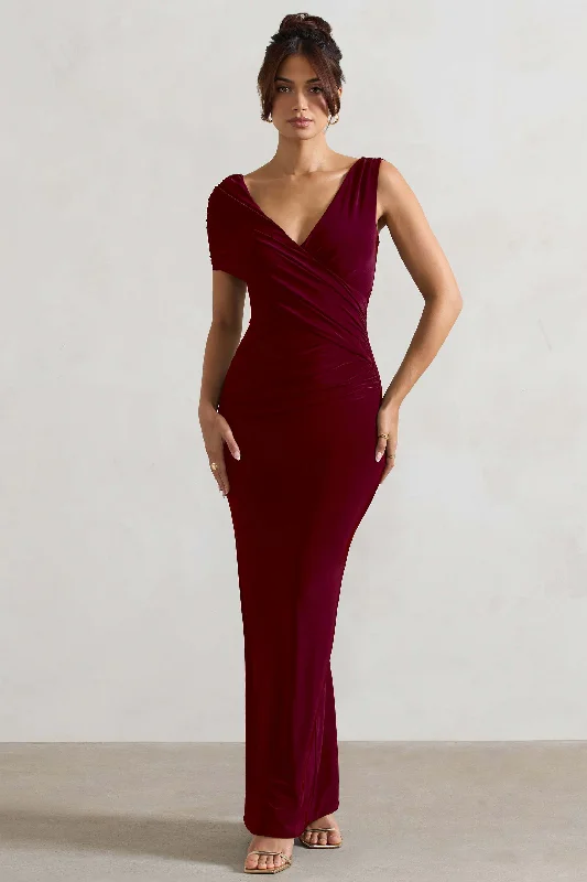 Princess - style wedding dresses with a full skirt Wedding guest dresses with cold - shoulder designs and solid colors Capella | Berry Asymmetric Wrap Maxi Dress Princess - style wedding dresses with a full skirt Wedding guest dresses with cold - shoulder designs and solid colors Capella | Berry Asymmetric Wrap Maxi Dress