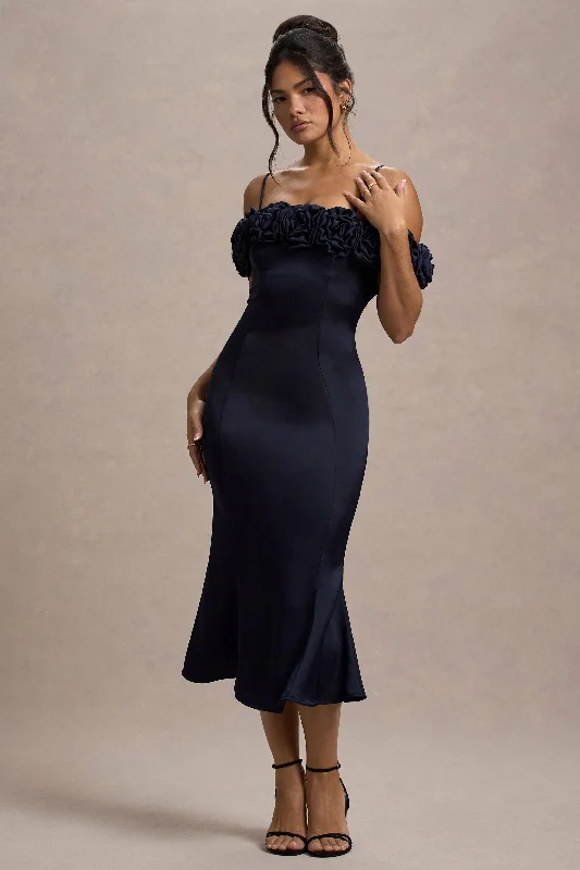 Plus - size wedding dresses with a flattering fit Wedding guest dresses with keyhole backs and flowing fabrics Petunia | Navy Satin Floral Bardot Midi Dress Plus - size wedding dresses with a flattering fit Wedding guest dresses with keyhole backs and flowing fabrics Petunia | Navy Satin Floral Bardot Midi Dress