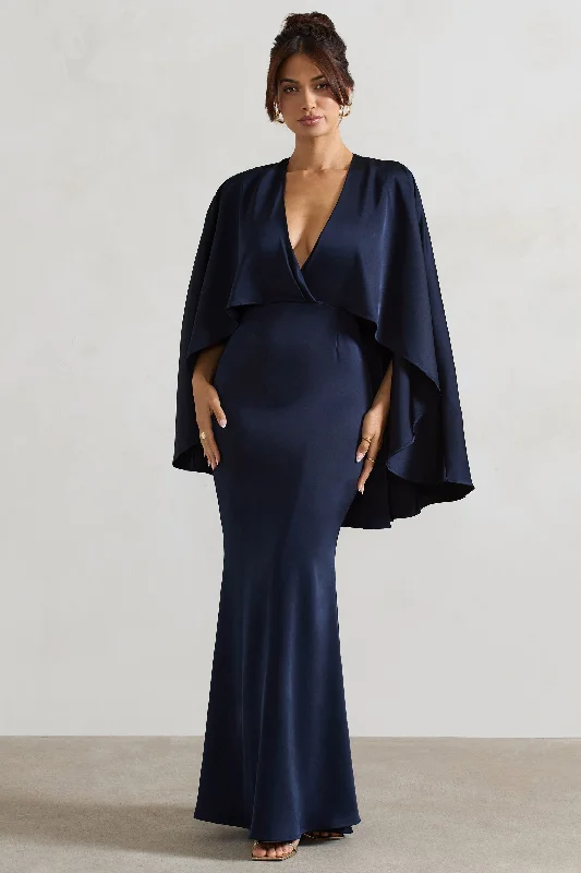 Short - length wedding dresses with a flirty skirt Sleeveless wedding guest dresses with ruffled hems Yasie | Navy Satin Plunge-Neck Maxi Dress With Cape Sleeves Short - length wedding dresses with a flirty skirt Sleeveless wedding guest dresses with ruffled hems Yasie | Navy Satin Plunge-Neck Maxi Dress With Cape Sleeves