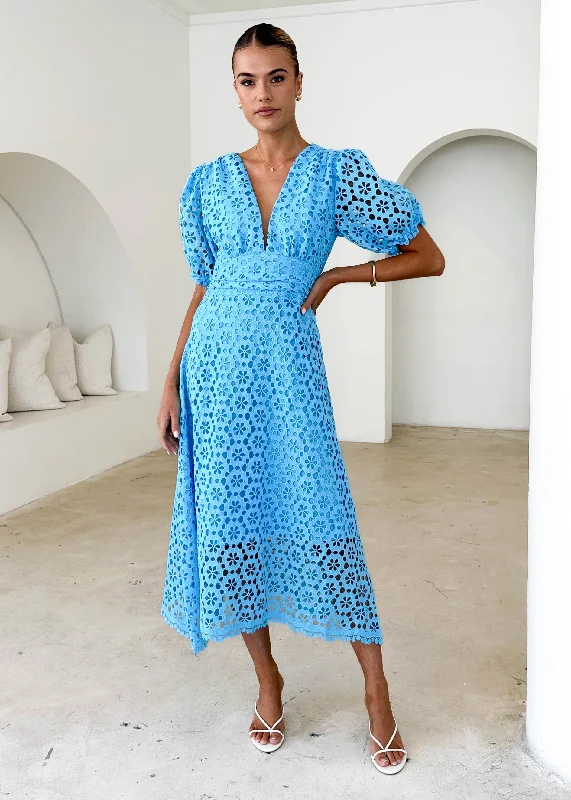 Midi dresses with button - front designs for a classic touch Jahra Lace Midi Dress - Sky Blue Midi dresses with button - front designs for a classic touch Jahra Lace Midi Dress - Sky Blue