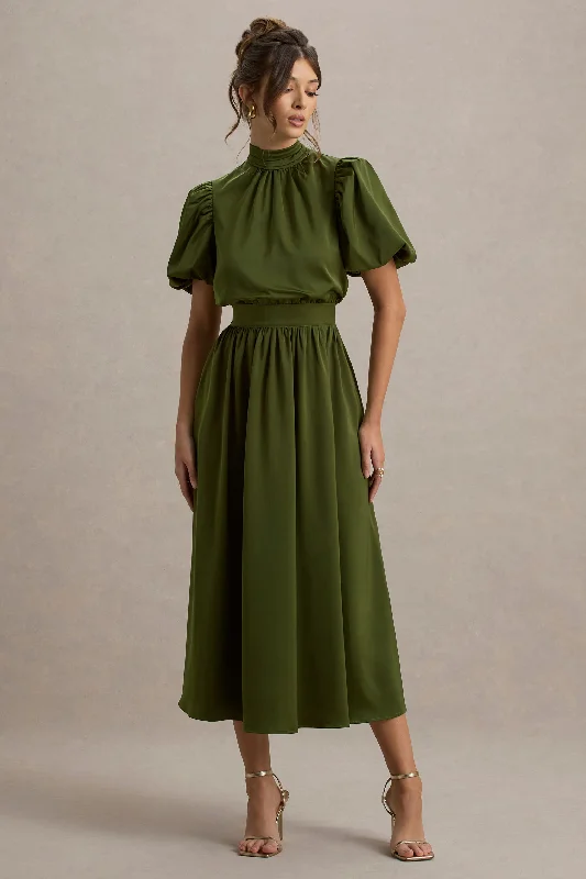 A - line chiffon wedding dresses for a classic look Sheath - style wedding guest dresses with lace overlays Persea | Olive Satin Puff-Sleeve Midi Dress With Bow A - line chiffon wedding dresses for a classic look Sheath - style wedding guest dresses with lace overlays Persea | Olive Satin Puff-Sleeve Midi Dress With Bow