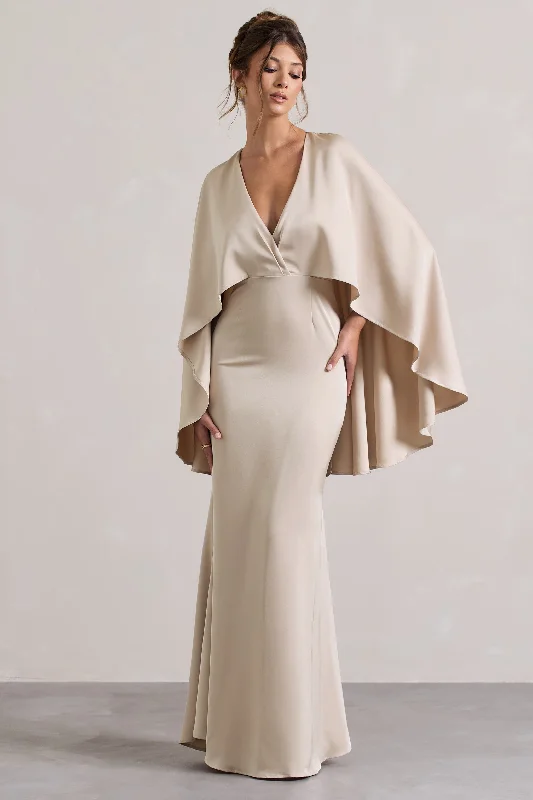 Wedding dresses with a sweetheart - neck and a corseted back Wedding guest dresses with gathered skirts and V - necklines Yasie | Champagne Satin Plunge-Neck Maxi Dress With Cape Sleeves Wedding dresses with a sweetheart - neck and a corseted back Wedding guest dresses with gathered skirts and V - necklines Yasie | Champagne Satin Plunge-Neck Maxi Dress With Cape Sleeves