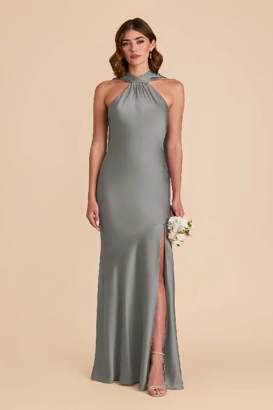 Off shoulder maternity evening dress for parties Eileen Matte Satin Dress - Silver
