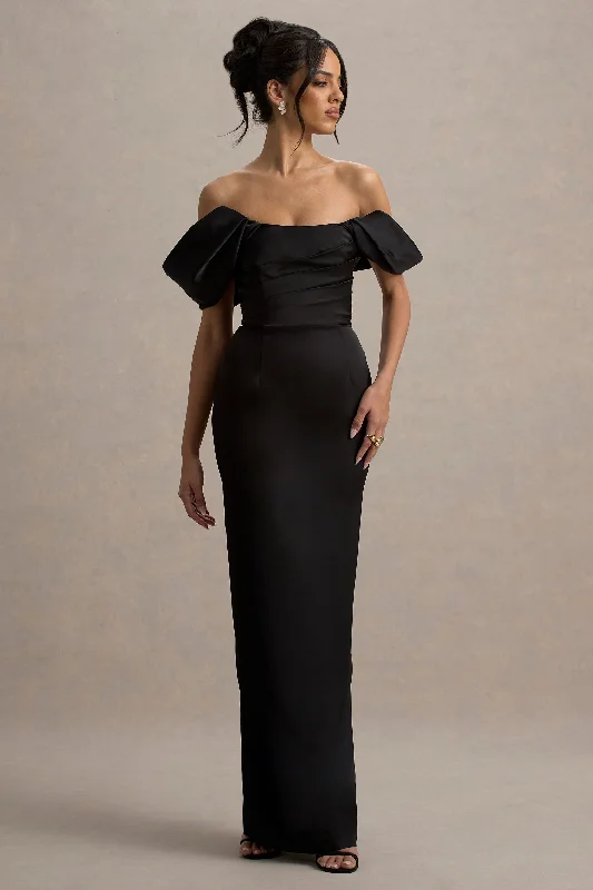 Short - length wedding dresses with a flirty skirt Sleeveless wedding guest dresses with ruffled hems Annita | Black Satin Bardot Maxi Dress Short - length wedding dresses with a flirty skirt Sleeveless wedding guest dresses with ruffled hems Annita | Black Satin Bardot Maxi Dress