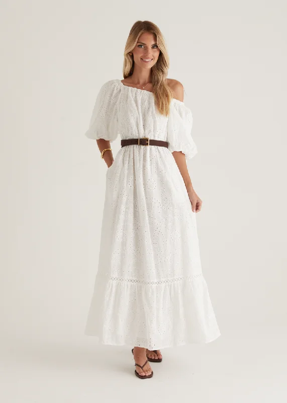 Midi dresses with denim fabric for a casual yet stylish day out Ellerie Midi Dress - White Anglaise Midi dresses with denim fabric for a casual yet stylish day out Ellerie Midi Dress - White Anglaise