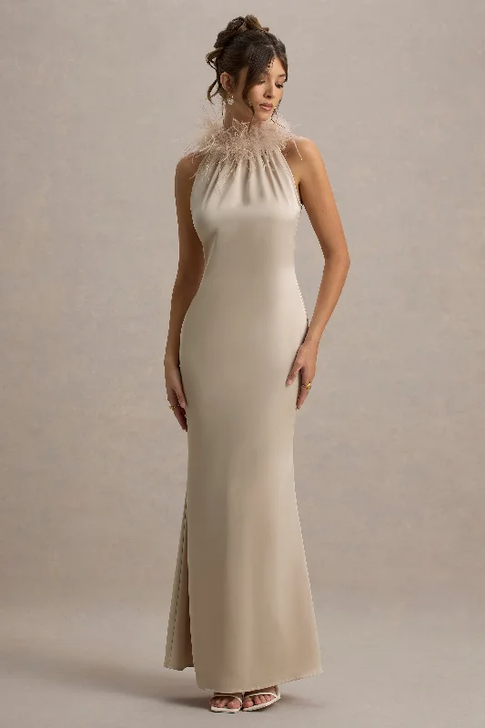 Ball gown style wedding dresses with sweetheart neckline A - line cocktail wedding guest dresses in pastel colors Bianca | Champagne Satin Feather-Trim Maxi Dress Ball gown style wedding dresses with sweetheart neckline A - line cocktail wedding guest dresses in pastel colors Bianca | Champagne Satin Feather-Trim Maxi Dress