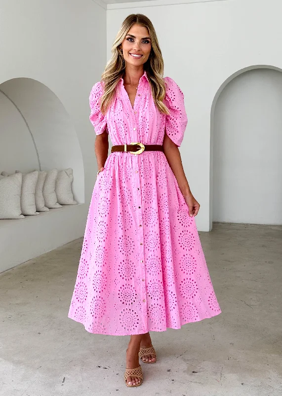 Midi dresses with tassel accents for a bohemian and free - spirited style Fiora Midi Dress - Pink Anglaise Midi dresses with tassel accents for a bohemian and free - spirited style Fiora Midi Dress - Pink Anglaise