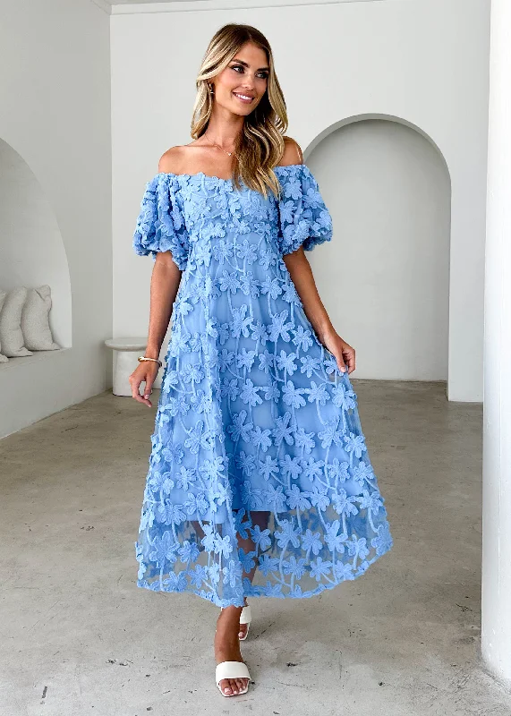 Midi dresses with button - front designs for a classic touch Maliah Off Shoulder Midi Dress - Blue Lace