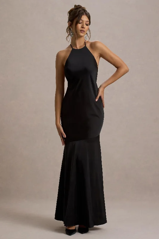 Halter - neck wedding dresses with a unique neckline Bow - backed wedding guest dresses in silk for a luxurious feel Frida | Black Satin Halter-Neck Backless Maxi Dress Halter - neck wedding dresses with a unique neckline Bow - backed wedding guest dresses in silk for a luxurious feel Frida | Black Satin Halter-Neck Backless Maxi Dress