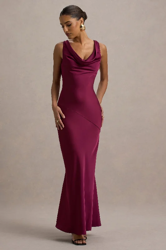 Wedding dresses with a sweetheart - neck and a corseted back Wedding guest dresses with gathered skirts and V - necklines Alesso | Burgundy Satin Cowl-Neck Maxi Dress Wedding dresses with a sweetheart - neck and a corseted back Wedding guest dresses with gathered skirts and V - necklines Alesso | Burgundy Satin Cowl-Neck Maxi Dress