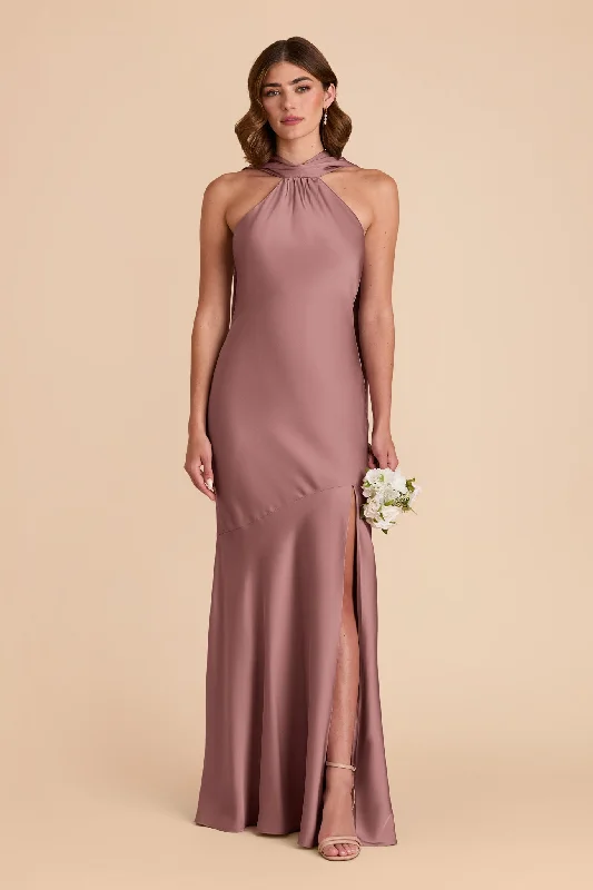Maternity wrap dress with adjustable belt Eileen Matte Satin Dress - Dark Mauve