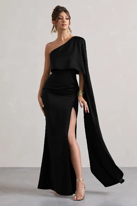Backless wedding dresses with lace - up details Wedding guest dresses with tiered skirts for a feminine look Amora | Black Satin Asymmetric Cape-Sleeve Split Maxi Dress Backless wedding dresses with lace - up details Wedding guest dresses with tiered skirts for a feminine look Amora | Black Satin Asymmetric Cape-Sleeve Split Maxi Dress