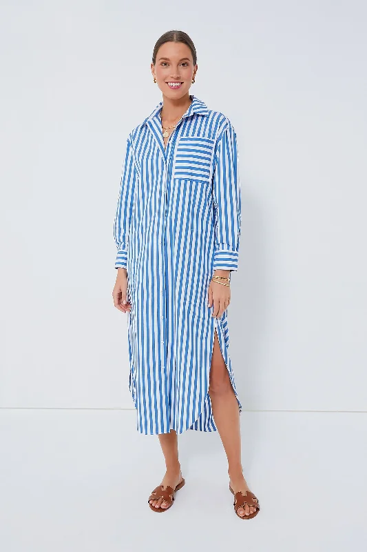 Midi dresses with pleated bodices for a classic and tailored look Blue Stripe Constance Maxi Shirt Dress Midi dresses with pleated bodices for a classic and tailored look Blue Stripe Constance Maxi Shirt Dress
